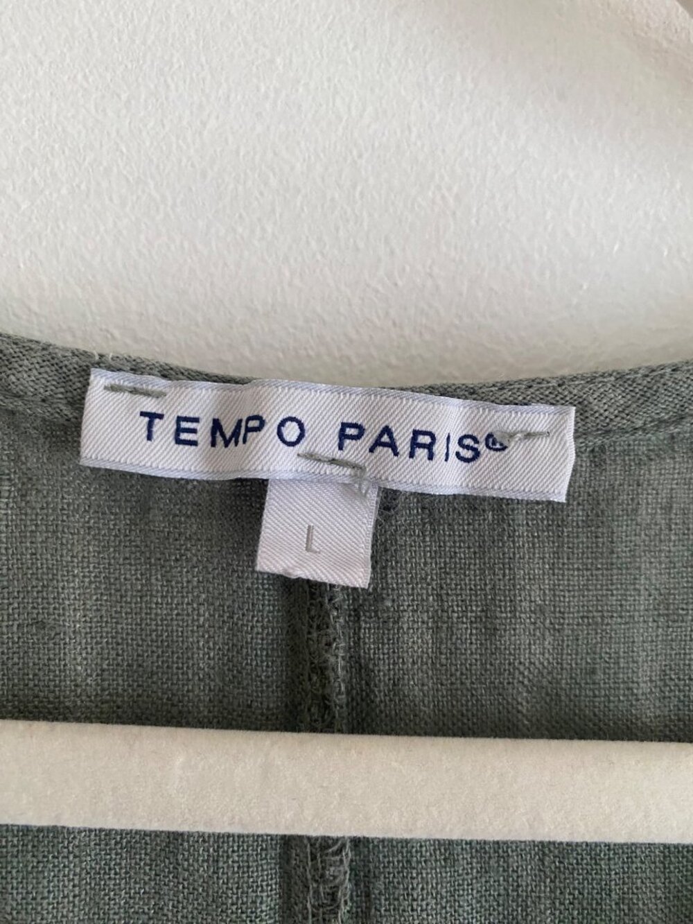 Tempo Paris Green Striped Sleeveless Asymmetric Hem 100% Linen Dress Size L - Picture 5 of 6